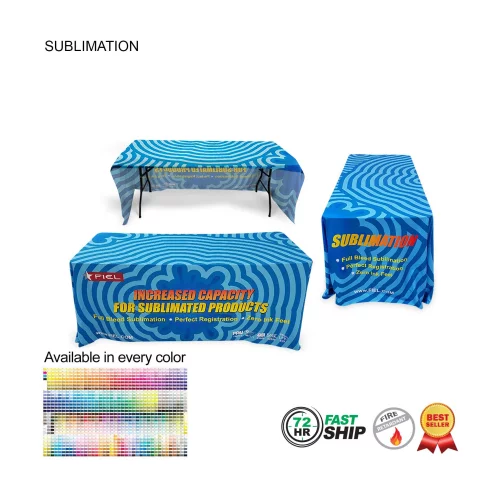 72 Hr Fast Ship - Sublimated Table Cloth for 6' Table, Drape Style, 3 sided, Open Back