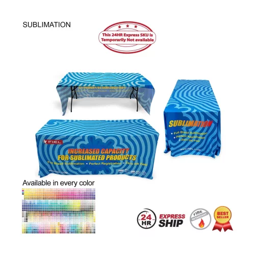 24 Hr Express Ship - Sublimated Table Cloth for 6' Table, Drape Style, 3 sided, Open Back