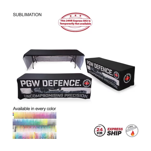 24 Hr Express Ship - Sublimated Table Cloth for 8' Table, Drape Style, 3 sided, Open Back