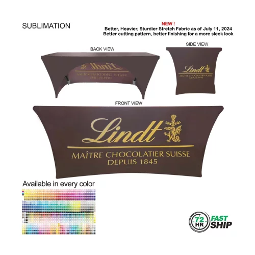 72 Hr Fast Ship - Sublimated Stretch Curved Fit Table Throw for 6ft table, 3 sided, Open Back