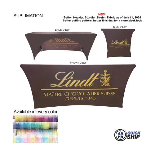 48 Hr Quick Ship - Sublimated Stretch Curved Fit Table Throw for 6ft table, 3 sided, Open Back