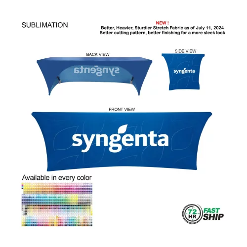48 Hr Quick Ship - Sublimated Stretch Curved Fit Table Throw for 8ft table, 3 sided, Open Back