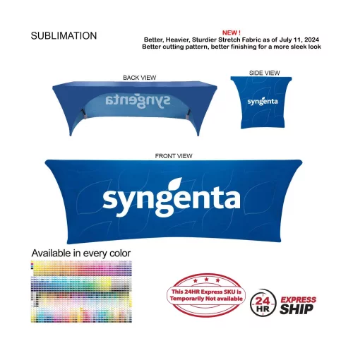 24 Hr Express Ship - Sublimated Stretch Curved Fit Table Throw for 8ft table, 3 sided, Open Back