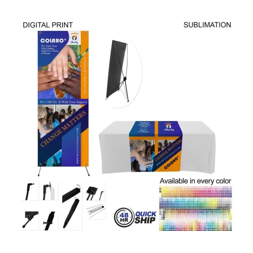 48Hr Quick Ship - Tradeshow Package, Banner with X-Stand + Sublimated Tablerunner, Easy to setup
