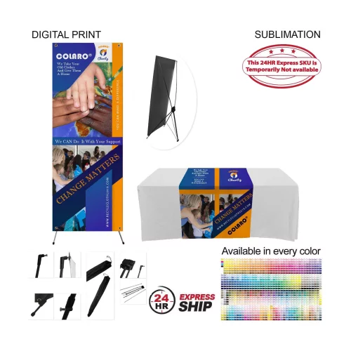 24 Hr Express Ship - Tradeshow Package, Banner with X-Stand + Sublimated Tablerunner, Easy to setup