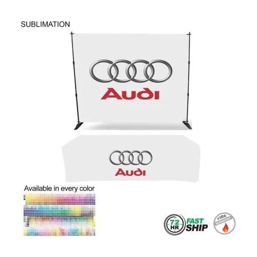 72 Hr Fast Ship- Tradeshow Booth Package, 10' Expanding Display and 8' Sublimated PREMIUM Tablecloth