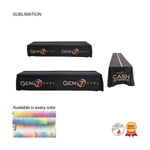 Sublimated Table Cloth for 12' table (or 2 x 6' tables combined), Drape Style, 4 sided, Closed back