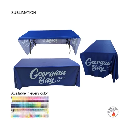 Sublimated PREMIUM Table Cloth for 6' Table, Drape Style, 3 sided, Open Back, Rounded corners