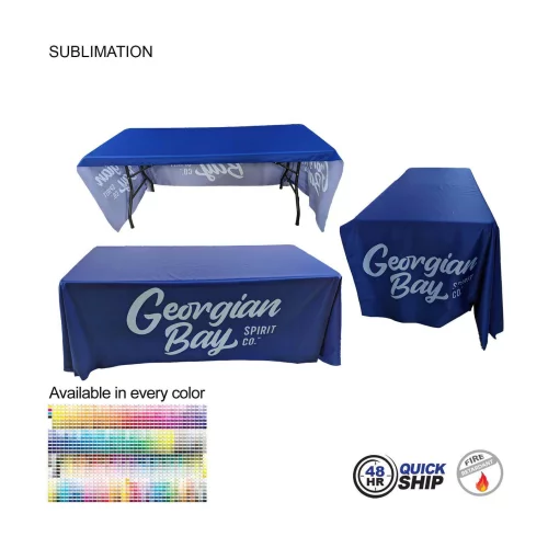 48 Hr Quick Ship - Sublimated PREMIUM Cloth for 6' Table, Drape Style, Open Back, Rounded Corners