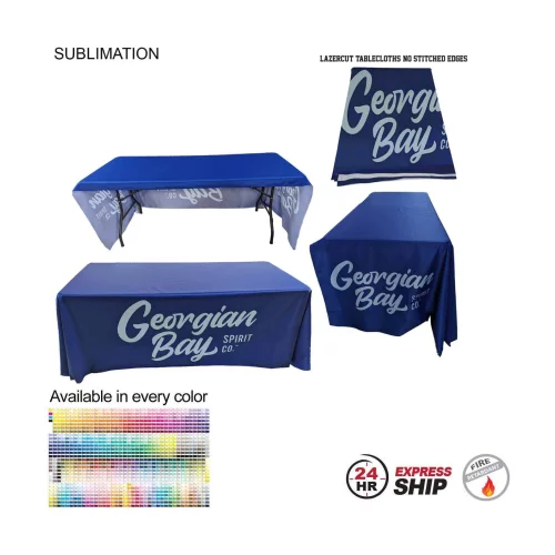 24Hr Express Ship - 6' LazerCut 3-Sided PREMIUM Sublimated Tablecloth, Drape Style, Open Back
