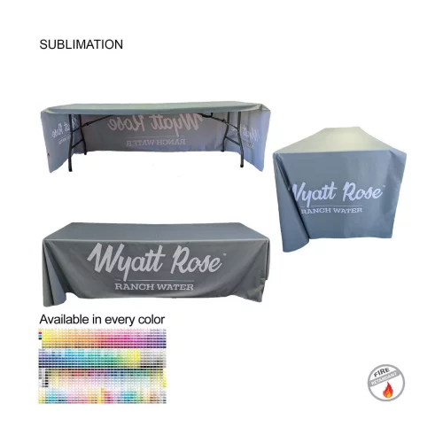 Sublimated PREMIUM Table Cloth for 8' Table, Drape Style, 3 sided, Open Back, Rounded corners