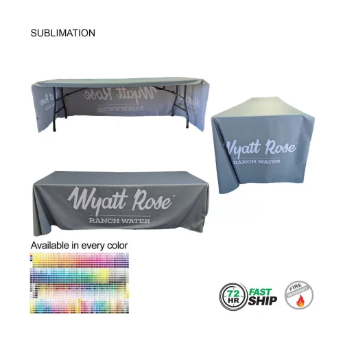 72 Hr Fast Ship - Sublimated PREMIUM Cloth for 8' Table, Drape Style, Open Back, Rounded corners