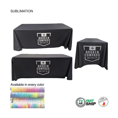 72 Hr Fast Ship - Sublimated PREMIUM Cloth for 6' table, Drape style, Closed Back, Rounded Corners