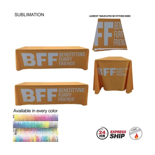 24Hr Express Ship - 8' LazerCut 4-Sided PREMIUM Sublimated Tablecloth, Drape Style, Closed Back