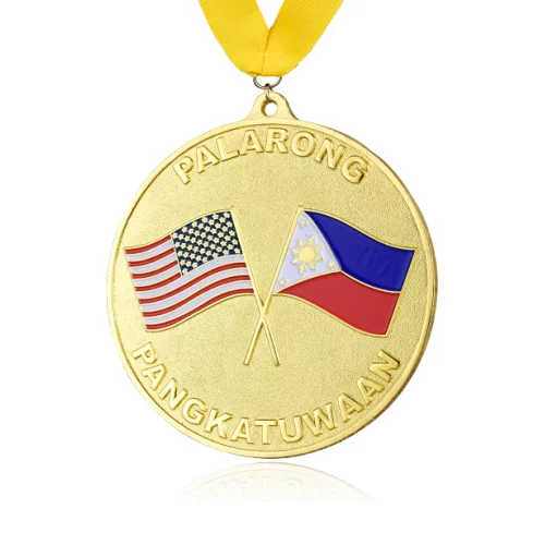 Médailles personnalisées de 2 pouces en métal frappé avec finition brillante et sablée/texturée en arrière-plan.