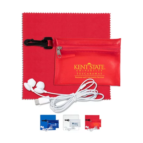 Ensemble de technologie pour écouteurs avec pochette transparente à fermeture éclair et mousqueton.
