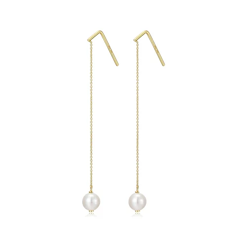 6mm Genuine Pearl Long Chain Earrings - Gold