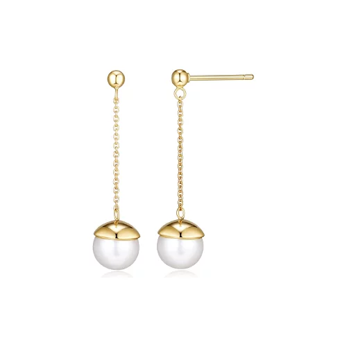 8mm Round Genuine Pearl Chain Drop Earrings in Sterling Silver - Gold