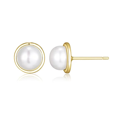 7mm Round Genuine Pearl Stud Earrings in Sterling Silver - Gold
