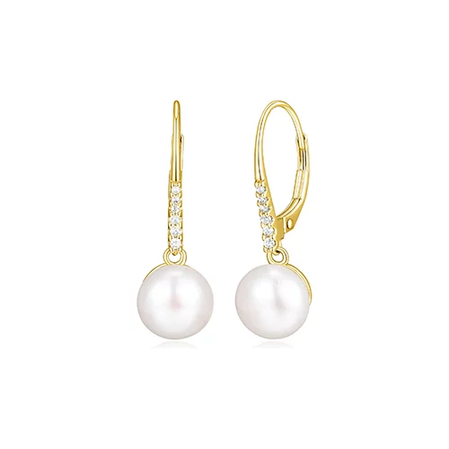 Diamondlite Cubic Zirconia 8.5mm Round Pearl Drop Leverback Earrings in Sterling Silver - Gold