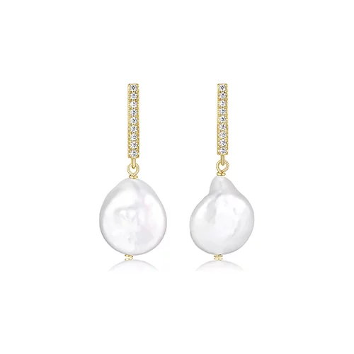 Diamondlite Cubic Zirconia Genuine 12mm Baroque Pearl Earrings in Sterling Silver - Gold