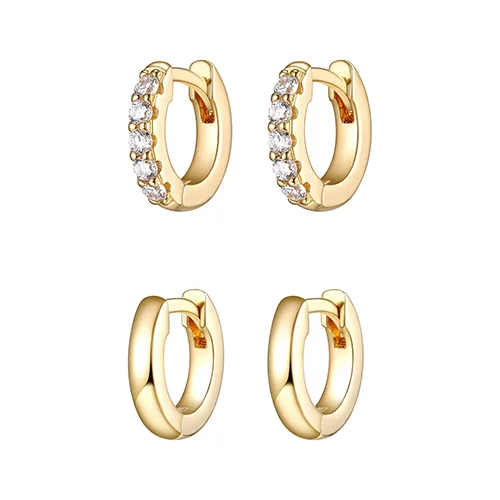 Diamondlite Cubic Zirconia & Solid Set of Two 3mm Hoop Earrings - Gold