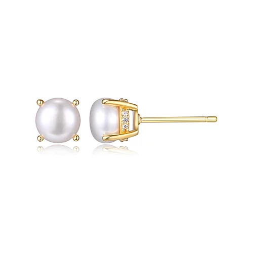 Diamondlite Cubic Zirconia 6mm Genuine White Pearl Stud Earrings - Gold