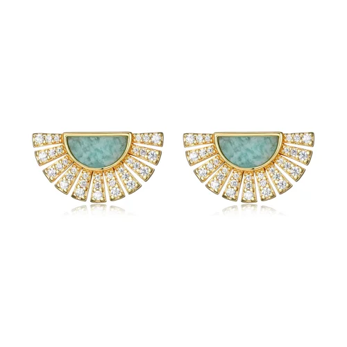 Diamondlite Cubic Zirconia and Genuine Amazonite Fan Stud Earrings - Gold