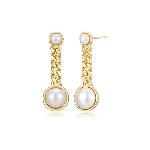 8mm & 4mm Genuine Pearl Curb Chain Drop Earrings - Gold