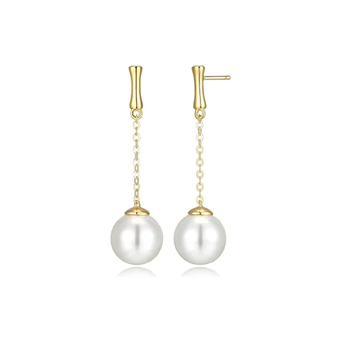 Lucky Bamboo 12mm Shell Pearl Chain Drop Earrings - Gold