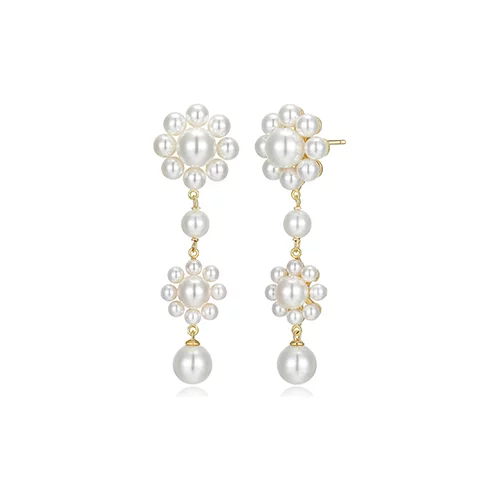 Pearl Flower Long Drop Shell Pearl Statement Earrings - Gold