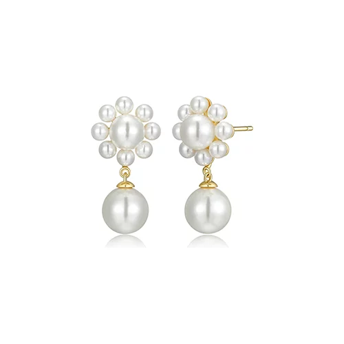 Pearl Flower Earrings with 8mm Shell Pearl Drop - Gold