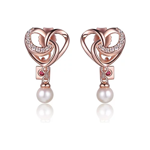 ELLE "Amour" Sterling Silver Cubic Zirconia and Genuine Pearl Heart Post Earrings - Rose Gold