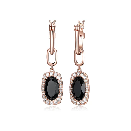 ELLE "Aureole" Sterling Silver Oval Black Agate and Cubic Zirconia Leverback Earrings - Rose Gold