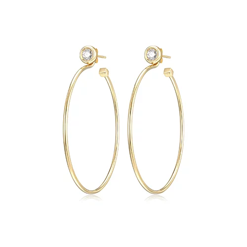 ELLE "Bubble" Sterling Silver 2 in 1, CZ Bezel Set Stud and Removable Hoop Earrings - Gold