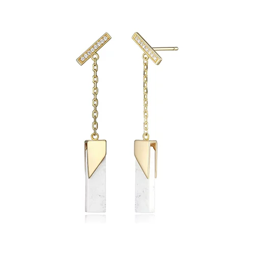 ELLE "Spatial" Sterling Silver Howlite and Cubic Zirconia Bar Drop Stud Earrings - Gold