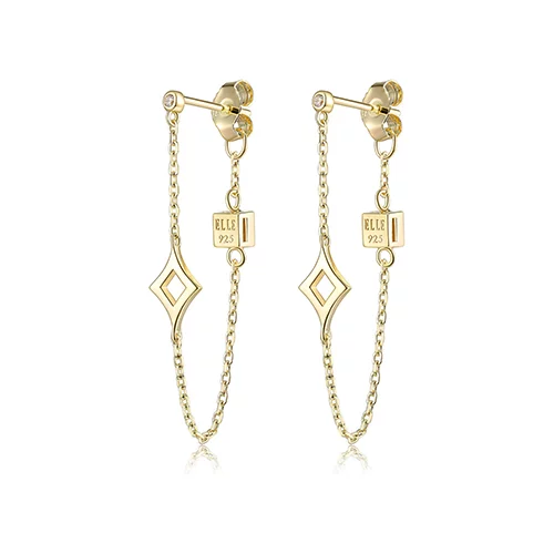 ELLE "Stellar" Sterling Silver Plain Rhombus with Cubic Zirconia Stud and Chain Earrings - Gold