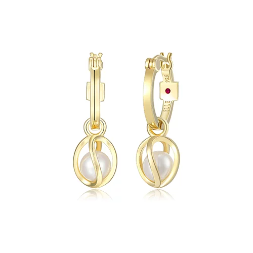 ELLE "Luna" Sterling Silver White Pearl and Cage 15mm Hoop Earrings - Gold