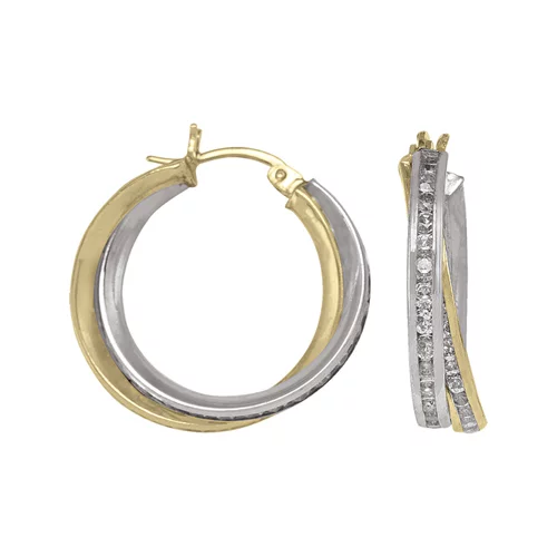 10K Gold and Silver Cubic Zirconia Round Hoop Earrings