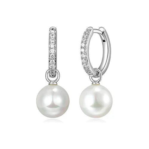 Diamondlite Cubic Zirconia 9mm Shell Pearl Huggie Hoop Earrings - Silver