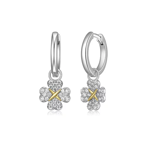 Diamondlite Cubic Zirconia 2-in-1 Love and Kisses Clover Charm Huggie Earrings - Silver and Gold