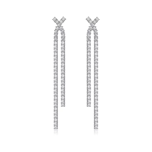 Diamondlite Cubic Zirconia Criss Cross Long Double Drop Earrings - Silver