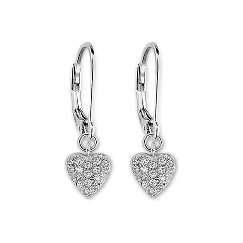 ELLE "Core Essentials " Sterling Silver Mini Cubic Zirconia Pave Heart Leverback Earrings - Silver