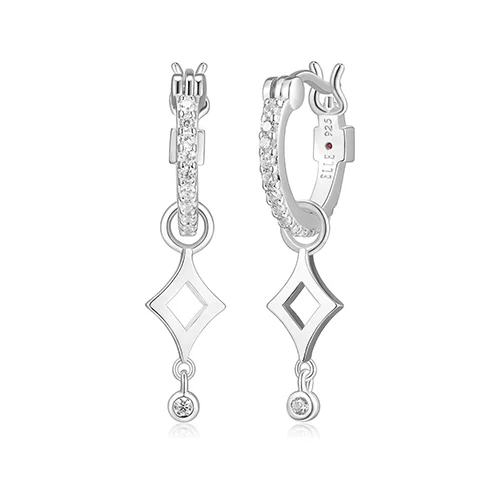 ELLE "Stellar" Sterling Silver Plain Rhombus Drop with Cubic Zirconia Hoop Earrings - Silver