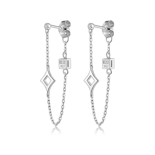 ELLE "Stellar" Sterling Silver Plain Rhombus with Cubic Zirconia Stud and Chain Earrings - Silver