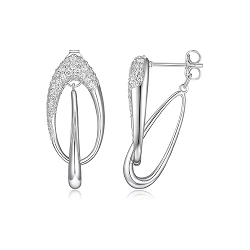 ELLE "Caramel" Interlocking Oval Link with Pave Cubic Zirconia Stud Earrings - Silver