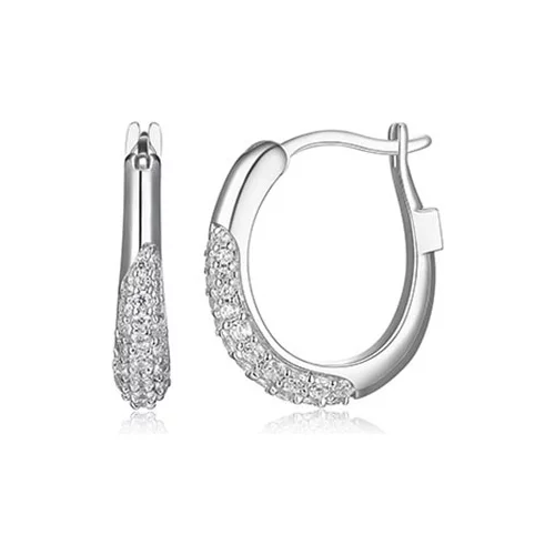 ELLE "Caramel" Pave Cubic Zirconia 17x15mm Oval Hoop Earrings - Silver