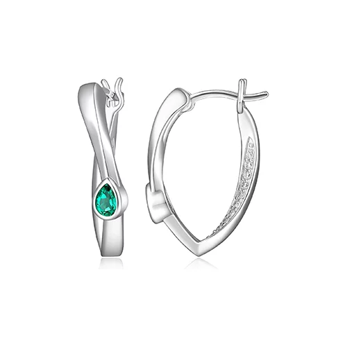 ELLE "Swing" Emerald and Pave Cubic Zirconia Twisted Pear Shape Hoop Earrings - Silver