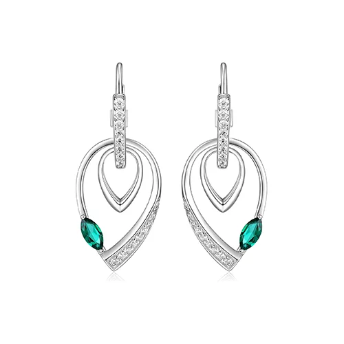 ELLE "Swing" Emerald and Pave Cubic Zirconia Double Pear Shape Dangle Earrings - Silver