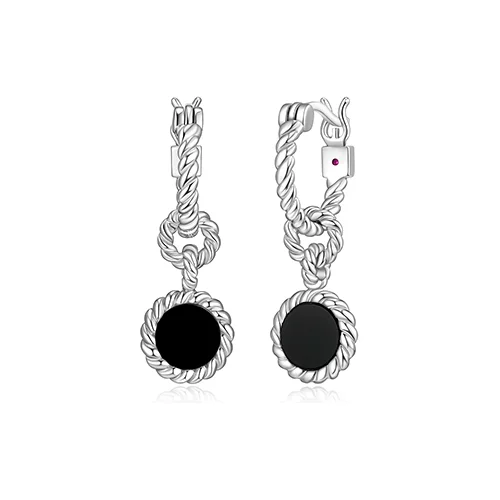 ELLE "Nautical" 6mm Agate Drop with Rope Trim Hoop Earrings - Black